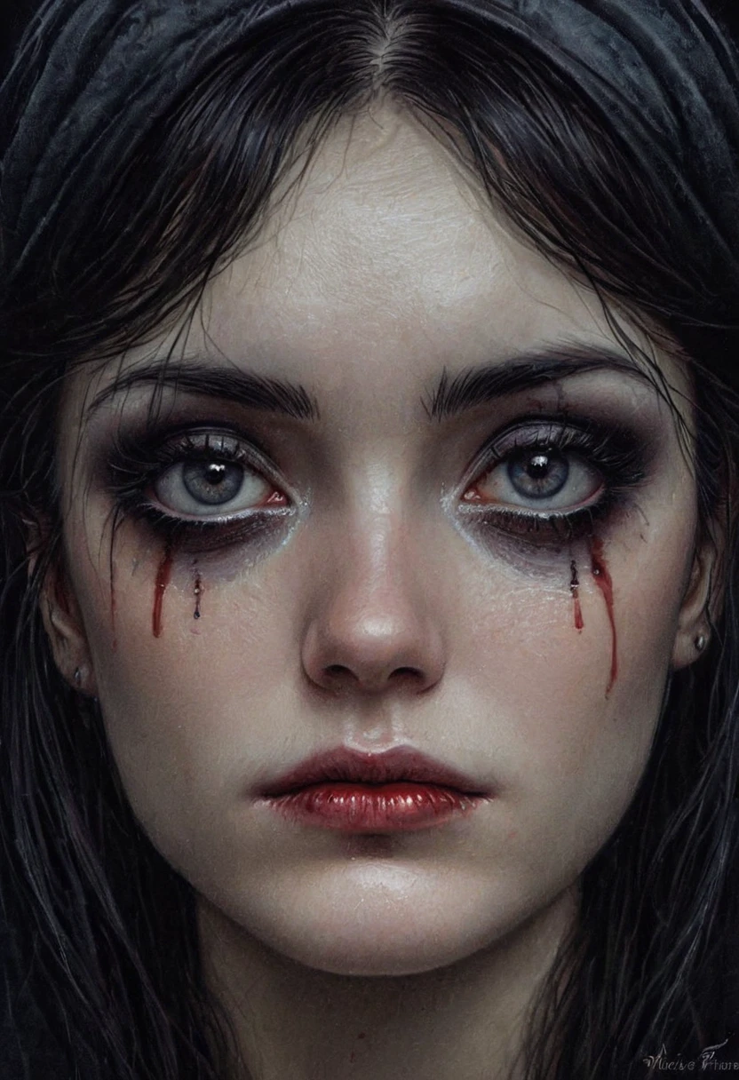 Hyperreal art (mkdrgs style), traditional painting hyperrealistic, a beautiful woman with a saddened expression, there is a darkness deep within, her tears flow like blood from an open wound, pale goth, regardless of the sorrow she evokes serenity, dark makeup, detailed skin with visible pores, 8k, hdr, masterpiece, award winning art, amazing lighting, (Victoria Frances style)