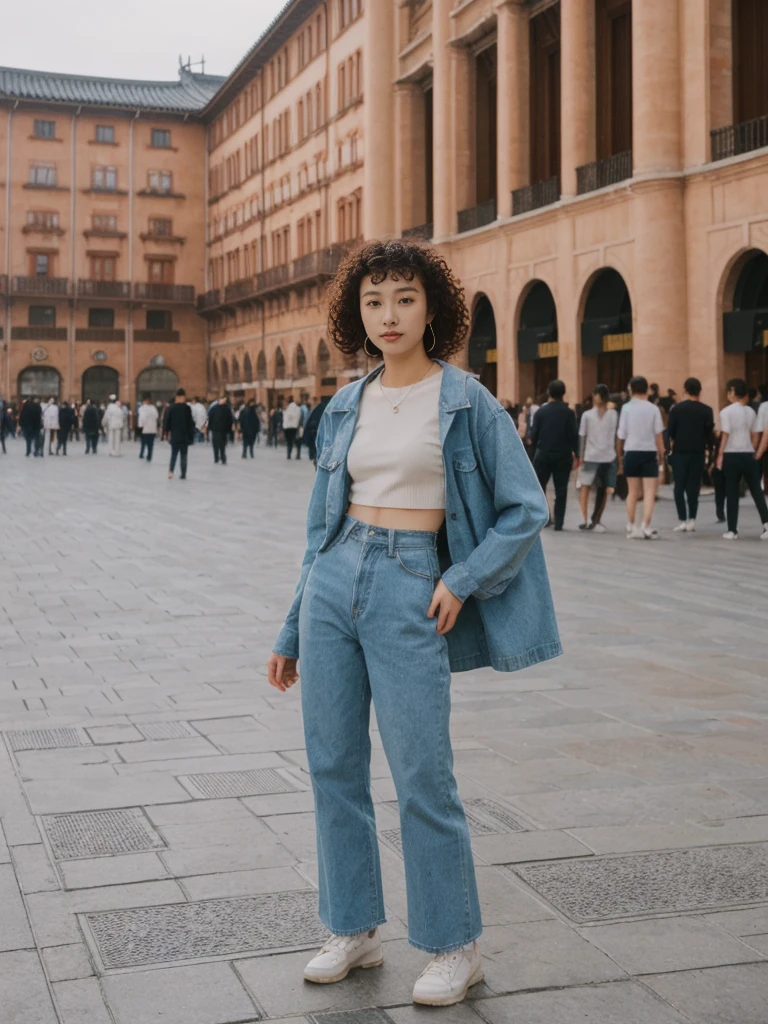 her name is Asako, high quality, 1girl, ((20-year-old fit Caucasian woman)), ((20 years old)), ((slim)), ((Korean Perm)), pose: standing, wearing trendsetting Generation-Z modern wear different colored, BACKGROUND: "In the Plaza Mayor, surrounded by grand arcaded buildings and vibrant street performers."