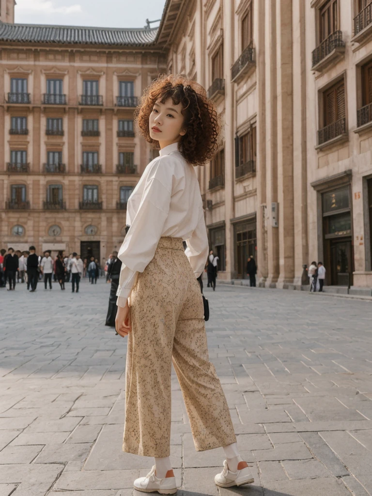 her name is Asako, high quality, 1girl, ((20-year-old fit Caucasian woman)), ((20 years old)), ((slim)), ((Korean Perm)), pose: standing, wearing trendsetting Generation-Z modern wear different colored, BACKGROUND: "In the Plaza Mayor, surrounded by grand arcaded buildings and vibrant street performers."