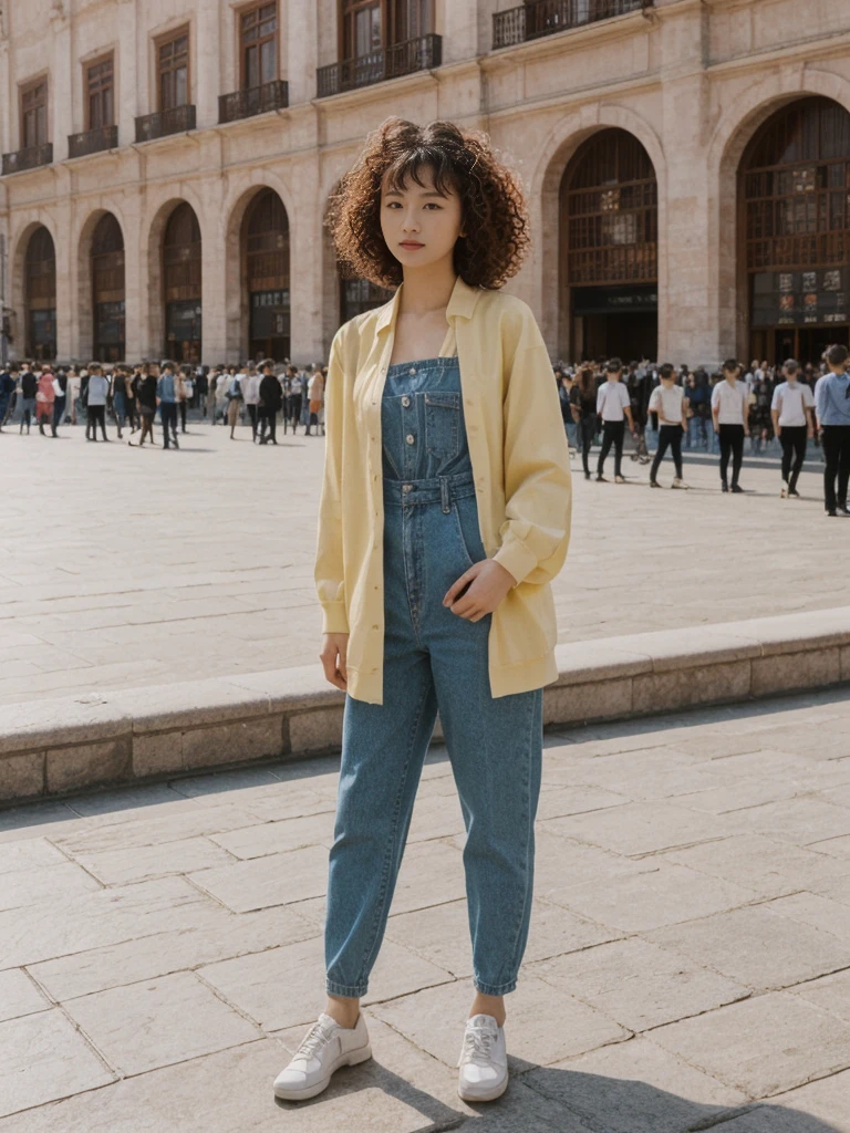 her name is Asako, high quality, 1girl, ((20-year-old fit Caucasian woman)), ((20 years old)), ((slim)), ((Korean Perm)), pose: standing, wearing trendsetting Generation-Z modern wear different colored, BACKGROUND: "In the Plaza Mayor, surrounded by grand arcaded buildings and vibrant street performers."