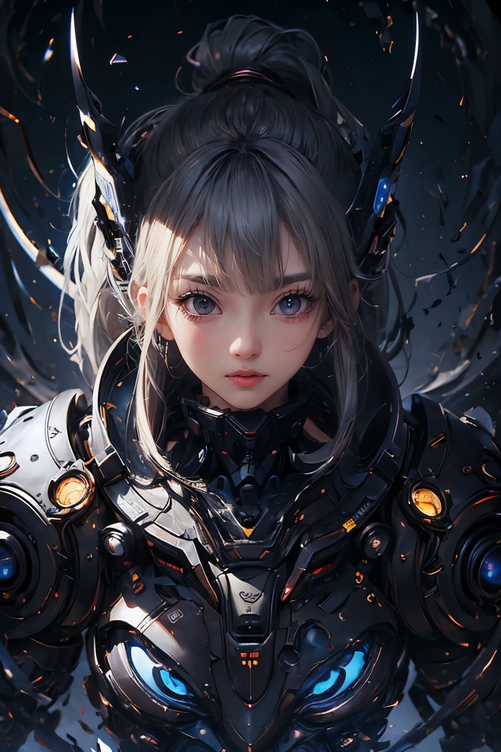 CG Mecha, Beautiful Eyes, ((Two people))、Upper Body, （Mechanic Armor）、40ＭＭPhotographed with a lens, Portraiture,jet suit、fly in the sky、patrol、 official、perfection、Neon Light, 8K, born, Highest quality, Tabletop, Ultra-high resolution, colorful, (medium wide shot), (Dynamic Perspective), Sharp focus , (Depth of written boundary, Bokeh:1.3), Highly detailed eyes and face,Ninja Artist, Beautiful attention to detail、iron, Trim Gear:1.2), ((Tabletop, Highest quality)), Detailed Background, Inside the spaceship、Grab your weapon、（Gray Hair）、blue eyes、ponytail、born物発光、Crescent Moon、Fantasy,masterpiece,Plug in、spectrum、confusion、Large robots、kaleidoscope、detailed gear