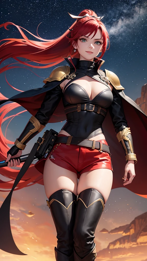 a picture of a female vampire cowboy in the desert night, a goth beauty, exquisite beautiful female vampire, ((anatomically correct: 1.5), (ultra detailed face: 1.2), best detailed face, red glowing eyes, full body, busty, wearing white bottom shirt, short skirt, dynamic color, wearing (Gambler Crease  hat: 1.2), wearing high heeled boots, it is night time in the desert, moon light. moon rays, west America desert canyon background, Hyperrealism style, vibrant, Ultra-high resolution, High Contrast, (masterpiece:1.5), highest quality, Best aesthetics), best details, best quality, highres, ultra wide angle, 16k, [ultra detailed], masterpiece, best quality, (extremely detailed) RAW, chumbasket art style, rpg portrait photograph, magical sky