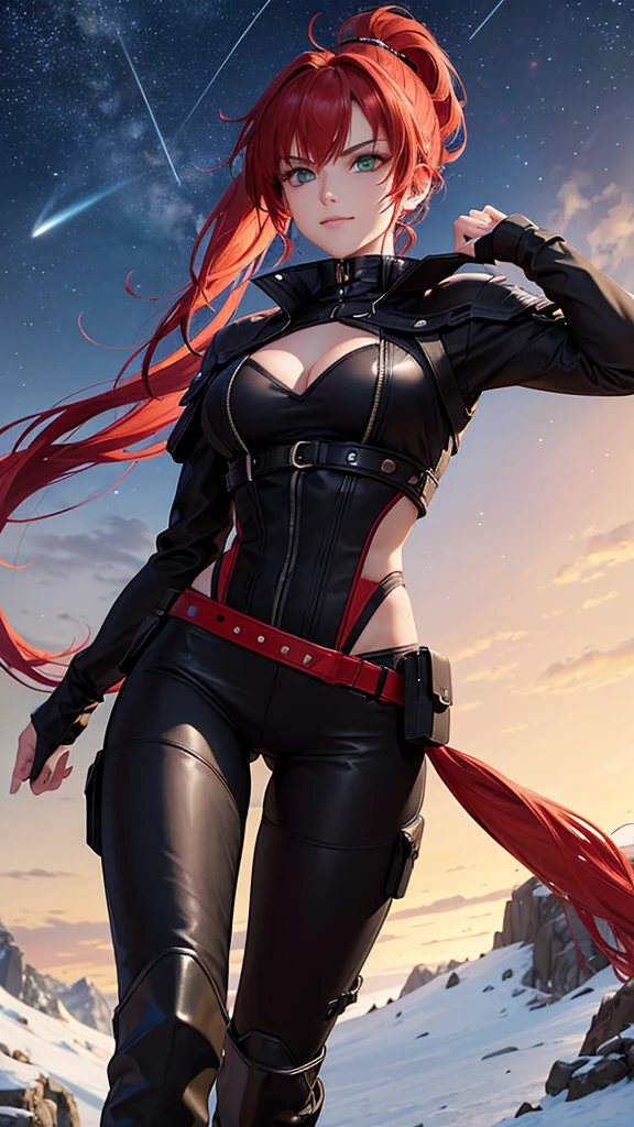 The warrior princess sexs, with green eyes, with red hair tied in a ponytail, seducing smile, wearing a black coat with red details, red lightning bolt emblem on shoulder, long pants, Black boots, looking forward fearlessly and a starry senario, style of anime, high détail, first-person perspective, Starry sky at night, Masterpiece artwork, super detailing, best qualityer, 8K, hiper HD
