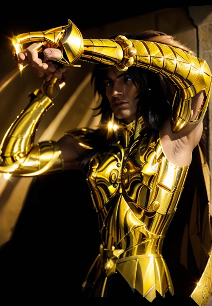 Knight character with golden armor de escorpião , knight of theKnight character with golden armor, knight of the zodiac Scorpion , in the background in imposing scorpion king auroboeal in the sky, 8k high definition, intricate details, breathtaking quality