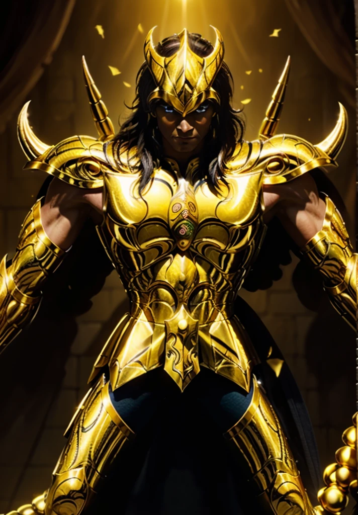 Knight character with golden armor de escorpião , knight of theKnight character with golden armor, knight of the zodiac Scorpion , in the background in imposing scorpion king auroboeal in the sky, 8k high definition, intricate details, breathtaking quality
