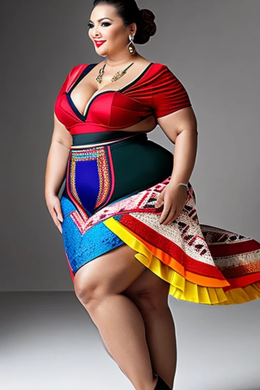 Overweight, best quality, masterpiece, Fashion with a piece of fabric that exposes almost the entire upper body, H-shaped skirt that reveals more than 10cm above the knees, High heels that are very flashy and have a heel of more than 7 cm., large, colorful necklace, large and colorful earrings, large and colorful bracelets, Stockings with colorful and unconventional colors and patterns, Underwear with flashy and unconventional colors, patterns and shapes