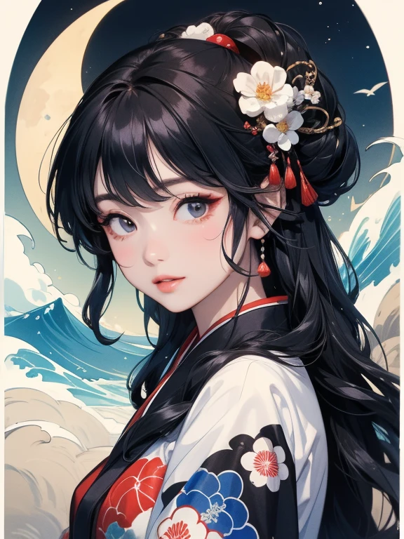 (Highest quality、masterpiece、High resolution、8K)、Ukiyo-e、Vibrant colors、Katsushika Hokusai、1 female、Long Black Hair、The kimono has a vivid floral pattern on a white background.、White waves and Mt. Fuji、White waves, the moon and a woman、White waves and seagulls、Official Art、背景はUkiyo-e風