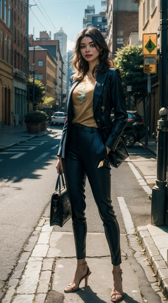 (8k, RAW photo, best quality, masterpiece: 1.2), (realistic, photorealistic: 1.37), 1 woman in suit standing on the sidewalk, cityscape, day, sunny morning, professional lighting, photon mapping, radiosity, Brazilian woman, torn, shirt, woman in suit, silk suit
