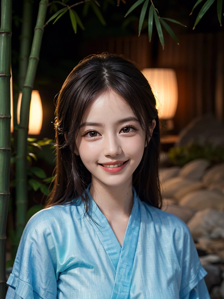 Highest quality, masterpiece, Ultra-high resolution, (Realistic:1.4), RAW Photos, One Girl, Incredibly beautiful kimono, Twelve-layered kimono, Japanese clothing, Deep Shadow, Moderate, Bamboo forest at night, Illuminated by the moonlight, 20-year-old, (A kind smile:1.3), Cute face, (head shot:1.2), Golden Ratio:1.3