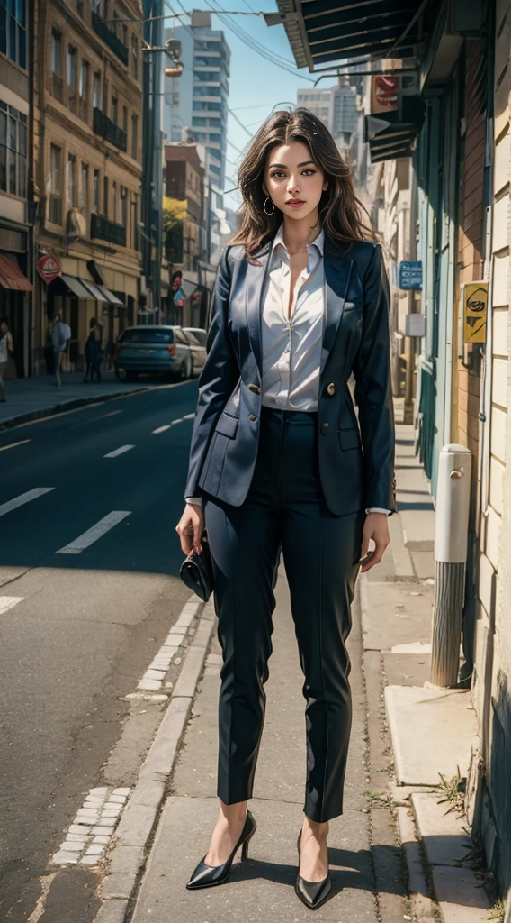 (8k, RAW photo, best quality, masterpiece: 1.2), (realistic, photorealistic: 1.37), 1 woman in suit standing on the sidewalk, cityscape, day, sunny morning, professional lighting, photon mapping, radiosity, Brazilian woman, torn, shirt, woman in suit, silk suit