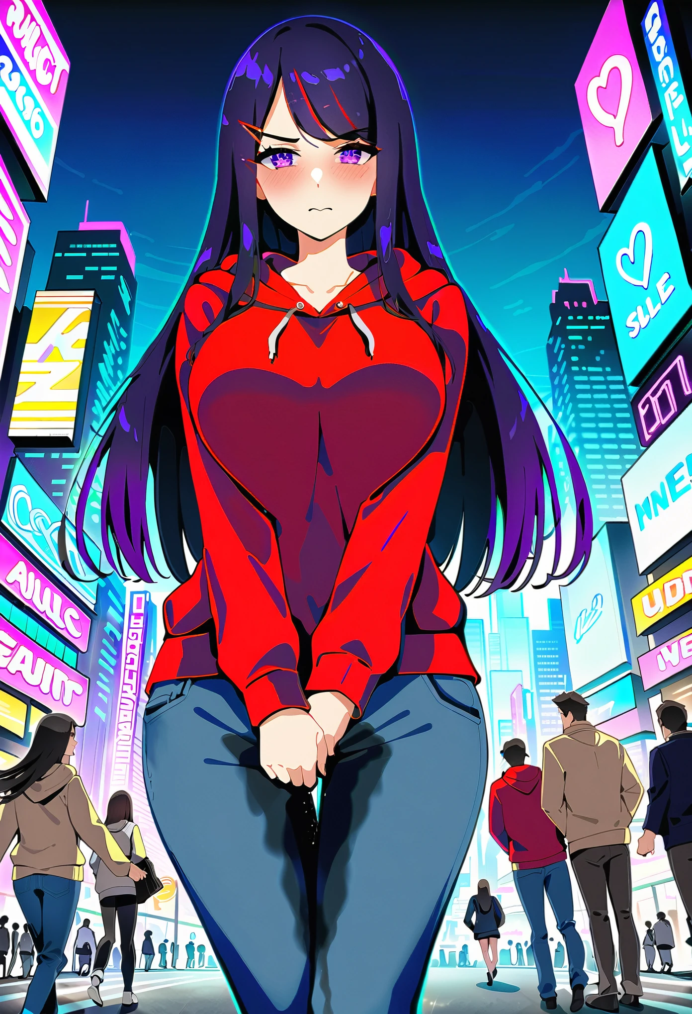 (masterpiece:1.37), best quality, (extremely detailed:1.37), woman, (mature:1.5), (adult:1.5), large breasts, very long hair, (straight hair:1.5), dark purple hair, purple eyes, (extremely detailed eyes:1.37), hoodie, jeans, desperation, wetting self, standing, embarrassed, humiliation, blushing, angry, city, futuristic, neon lighting, high-tech, street