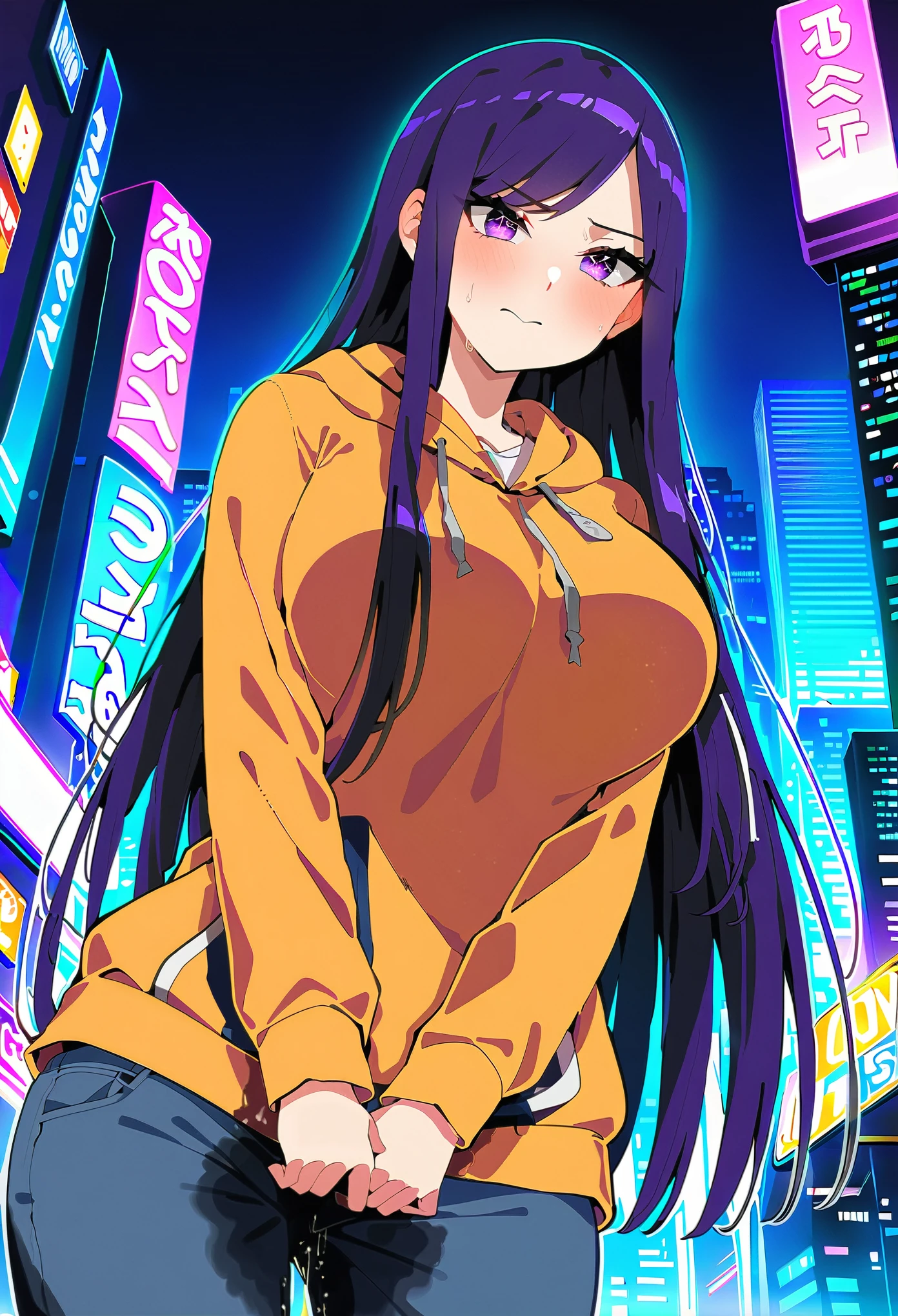 (masterpiece:1.37), best quality, (extremely detailed:1.37), woman, (:1.5), (adult:1.5), large breast long hair, (straight hair:1.5), dark purple hair, purple eyes, (extremely detailed eyes:1.37), hoodie, jeans, desperation, wetting self, standing, embarrassed, humiliation, blushing, angry, city, futuristic, neon lighting, high-tech, street