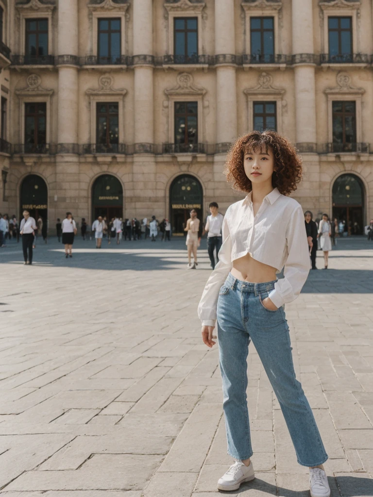 her name is Asako, high quality, 1girl, ((20-year-old fit Caucasian woman)), ((20 years old)), ((slim)), ((Korean Perm)), pose: standing, wearing trendsetting Generation-Z modern wear different colored, BACKGROUND: "In the Plaza Mayor, surrounded by grand arcaded buildings and vibrant street performers."