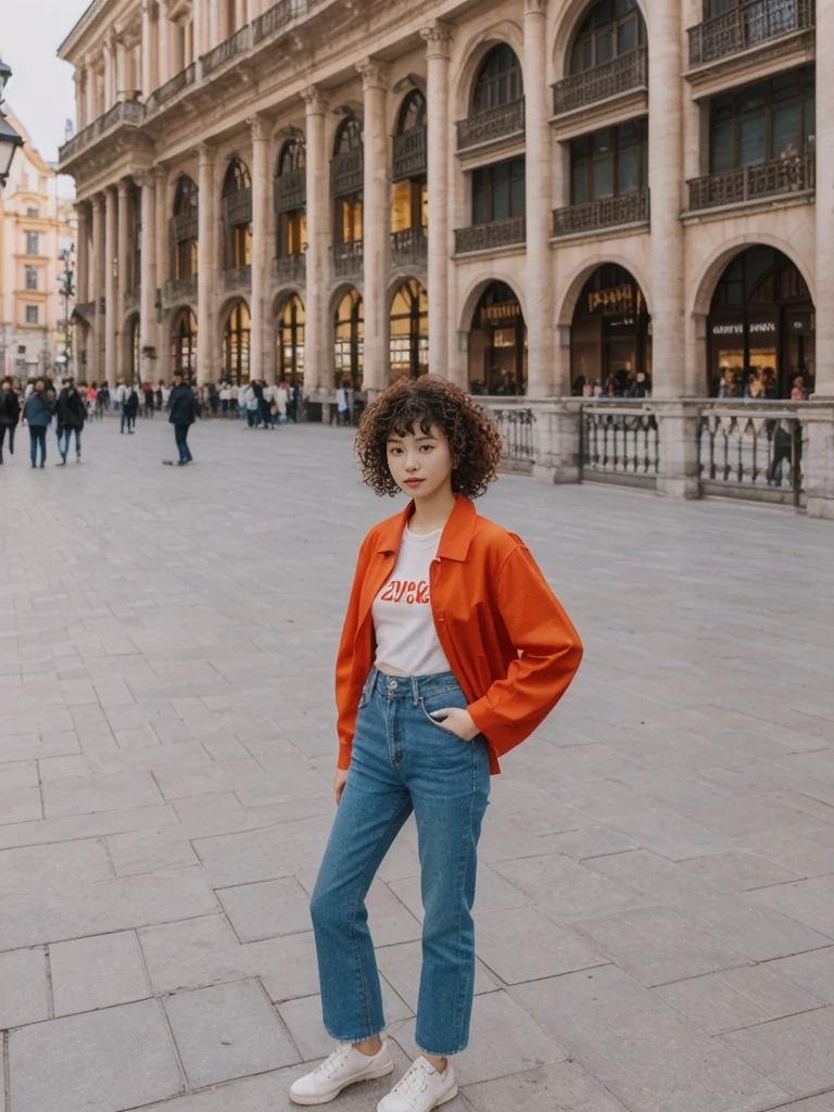 her name is Asako, high quality, 1girl, ((20-year-old fit Caucasian woman)), ((20 years old)), ((slim)), ((Korean Perm)), pose: standing, wearing trendsetting Generation-Z modern wear different colored, BACKGROUND: "In the Plaza Mayor, surrounded by grand arcaded buildings and vibrant street performers."