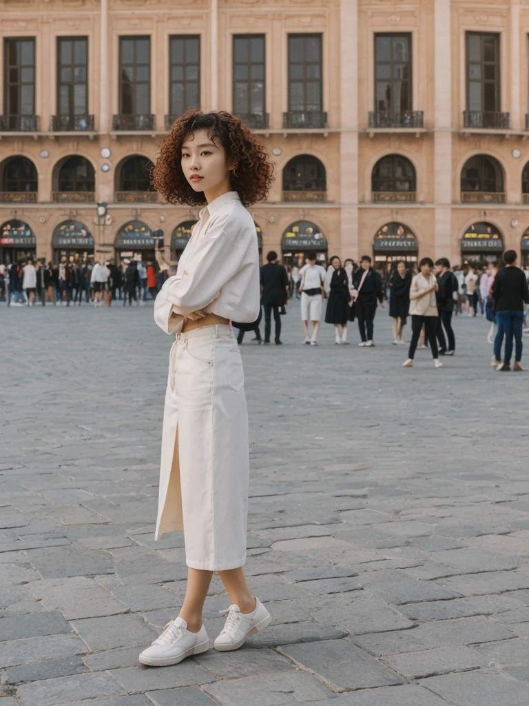 her name is Asako, high quality, 1girl, ((20-year-old fit Caucasian woman)), ((20 years old)), ((slim)), ((Korean Perm)), pose: standing, wearing trendsetting Generation-Z modern wear different colored, BACKGROUND: "In the Plaza Mayor, surrounded by grand arcaded buildings and vibrant street performers."