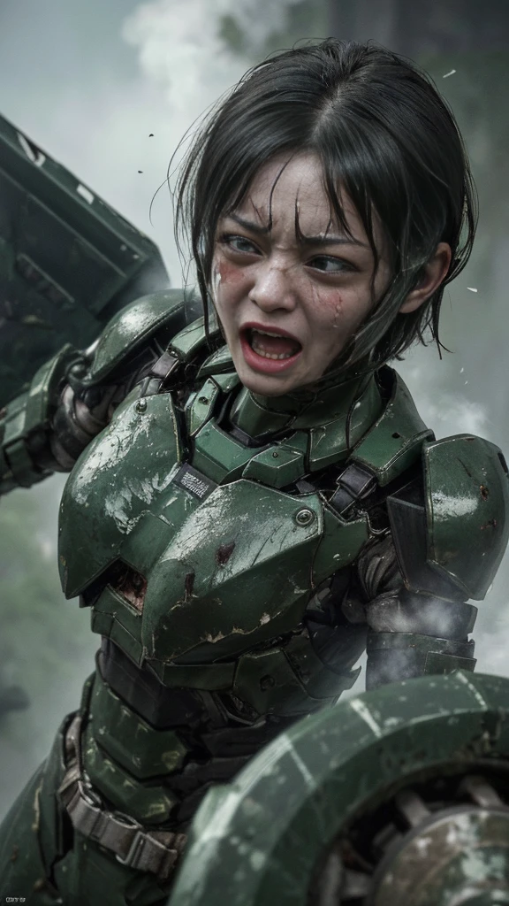 , Advanced Details, high quality, 最high quality, High resolution, 1080P 、Bleeding from the wound、Sexy Eyes、Wearing green and black、cute((The whole body is sweating))(Equipped with a damaged battle suit....)(Dark green armor)(Broken Armor)Black Hair、Chiquita、short hair、Open your mouth、Crying expression、It hurts again、Healthy Skin、20-year-old female　defeat　(Steam coming out of the face) ((Steam from the body)) 　Unable to fight　Severe attacks　((Sinking to the ground)) Ground cracking　Headgear is broken.　)) flying debris　bare hands　Armor Stripping　Sweaty Head　Sweaty face　Sweat flying　Headgear explodes　(Does not expose skin at all)