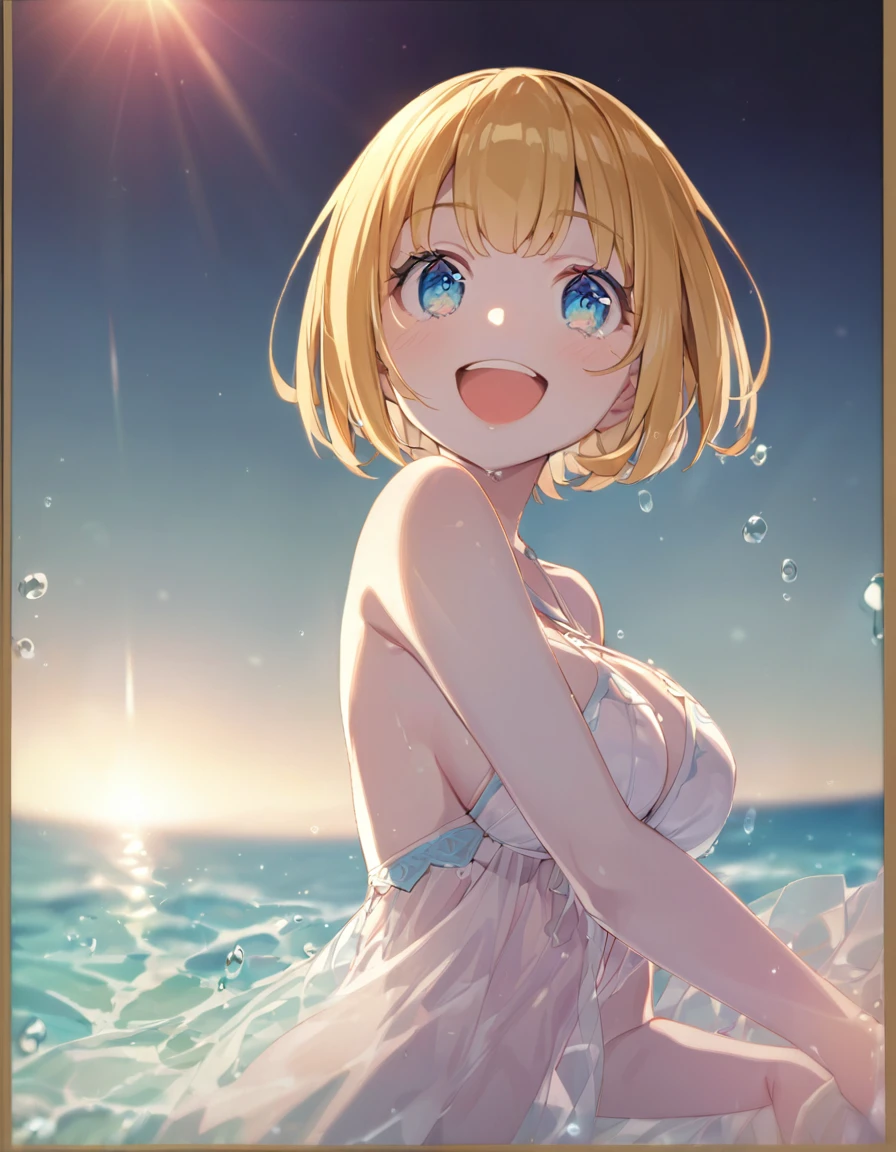 A cute girl in a swimsuit(original bikini swimsuit)(Small body) (Little Girl:1.5), (blonde:1.5)(eyelash:1.2)(eye shadow:1.3) (Blue eyes:1.5), (Beautiful fine details:1.4) (Short Bob Hair:1.4), (Blue eyes)(Big Breasts:1.3) (White skin:1.2)Height: 130cm, original character, Fantasy, View Viewer Art: (A girl with beautiful deep eyes. The depth of field in the photo is perfect、Lens flares create a nice atmosphere. The details of her face really stand out, This photo definitely gets a 10 or more.. background, There is a beautiful sea with crystal clear water and water droplets floating on the surface. Laughing happily