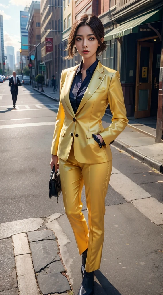 (8k, RAW photo, best quality, masterpiece: 1.2), (realistic, photorealistic: 1.37), 1 woman in suit standing on the sidewalk, cityscape, day, sunny morning, professional lighting, photon mapping, radiosity, Brazilian woman, torn, shirt, woman in suit, silk suit