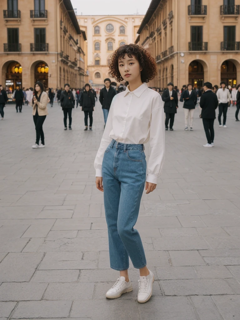 her name is Asako, high quality, 1girl, ((20-year-old fit Caucasian woman)), ((20 years old)), ((slim)), ((Korean Perm)), pose: standing, wearing trendsetting Generation-Z modern wear different colored, BACKGROUND: "In the Plaza Mayor, surrounded by grand arcaded buildings and vibrant street performers."