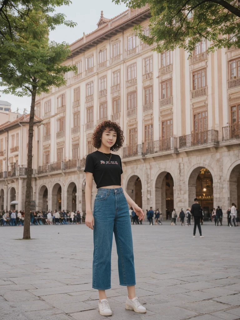 her name is Asako, high quality, 1girl, ((20-year-old fit Caucasian woman)), ((20 years old)), ((slim)), ((Korean Perm)), pose: standing, wearing trendsetting Generation-Z modern wear different colored, BACKGROUND: "In the Plaza Mayor, surrounded by grand arcaded buildings and vibrant street performers."