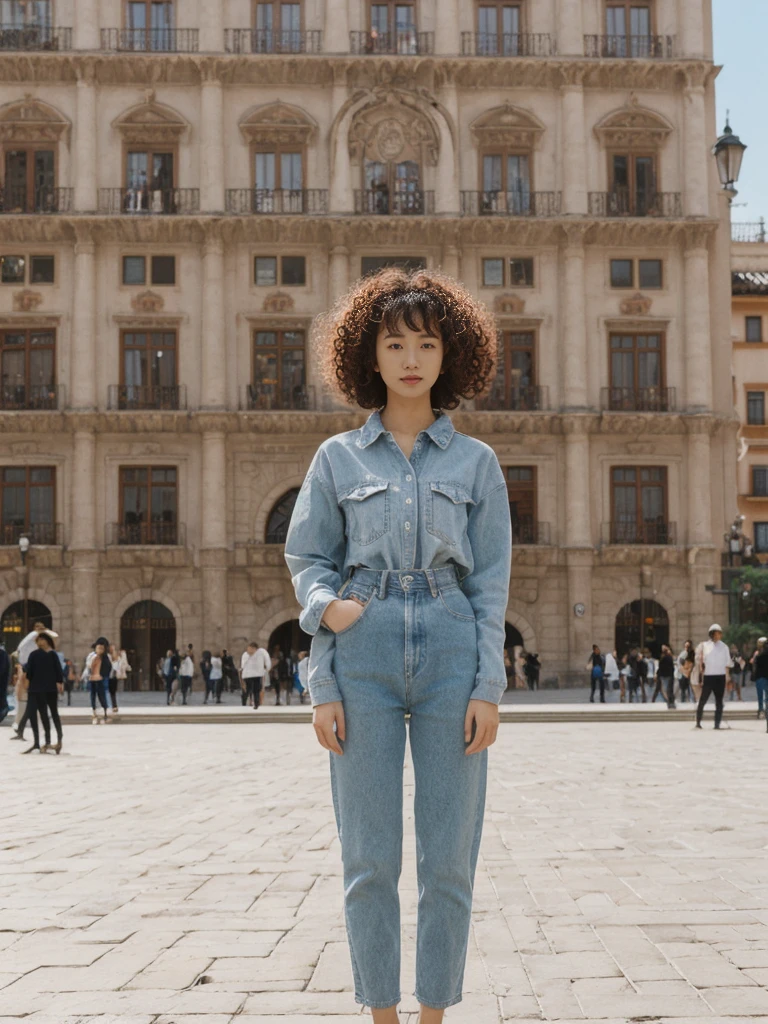 her name is Asako, high quality, 1girl, ((20-year-old fit Caucasian woman)), ((20 years old)), ((slim)), ((Korean Perm)), pose: standing, wearing trendsetting Generation-Z modern wear different colored, BACKGROUND: "In the Plaza Mayor, surrounded by grand arcaded buildings and vibrant street performers."