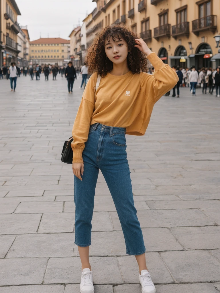 her name is Asako, high quality, 1girl, ((20-year-old fit Caucasian woman)), ((20 years old)), ((slim)), ((Korean Perm)), pose: standing, wearing trendsetting Generation-Z modern wear different colored, BACKGROUND: "In the Plaza Mayor, surrounded by grand arcaded buildings and vibrant street performers."