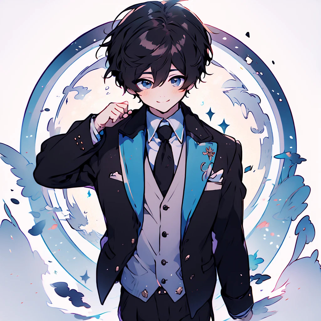 masterpiece , best quality , man , reading , chibi anime man , smile , black hair , suit , solo