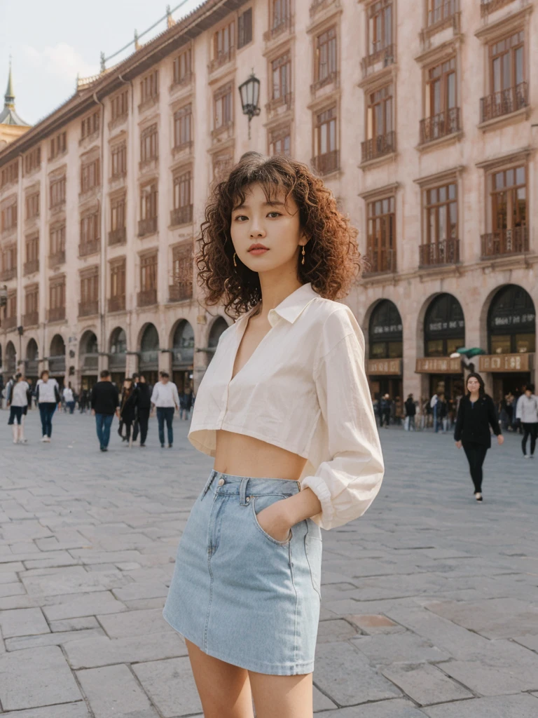her name is Asako, high quality, 1girl, ((20-year-old fit Caucasian woman)), ((20 years old)), ((slim)), ((Korean Perm)), pose: standing, wearing trendsetting Generation-Z modern wear different colored, BACKGROUND: "In the Plaza Mayor, surrounded by grand arcaded buildings and vibrant street performers."