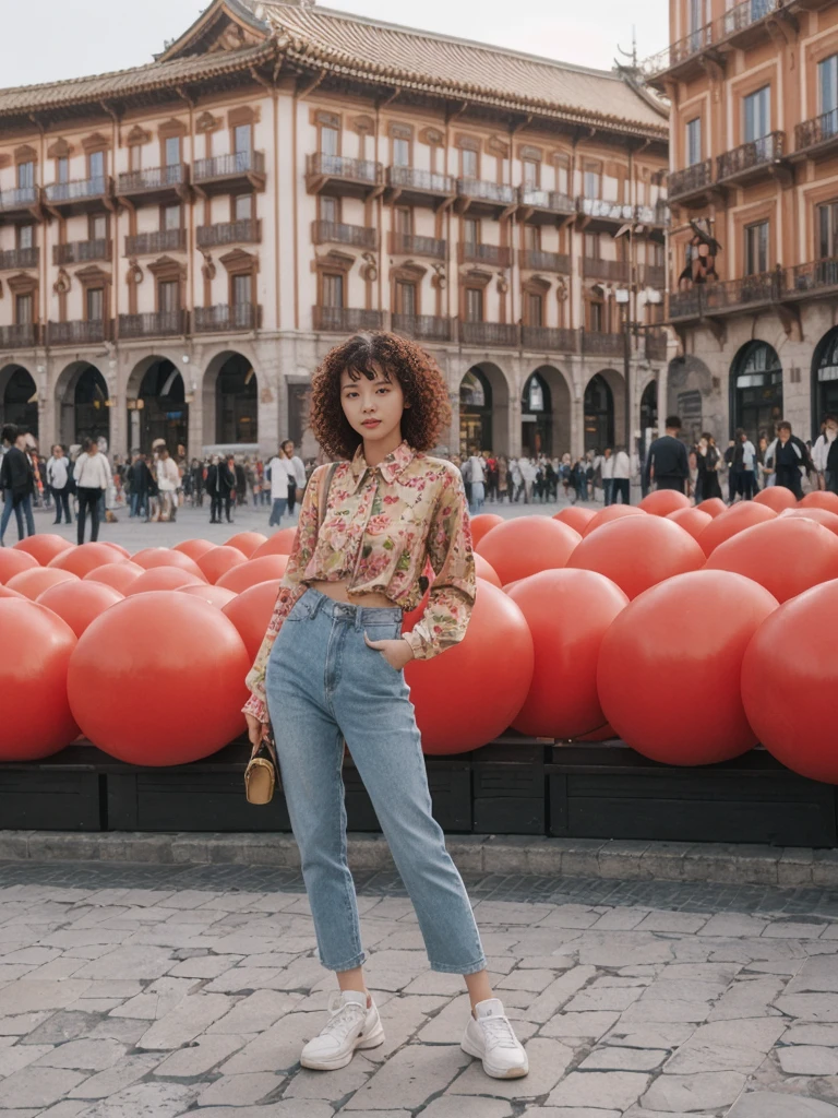 her name is Asako, high quality, 1girl, ((20-year-old fit Caucasian woman)), ((20 years old)), ((slim)), ((Korean Perm)), pose: standing, wearing trendsetting Generation-Z modern wear different colored, BACKGROUND: "In the Plaza Mayor, surrounded by grand arcaded buildings and vibrant street performers."