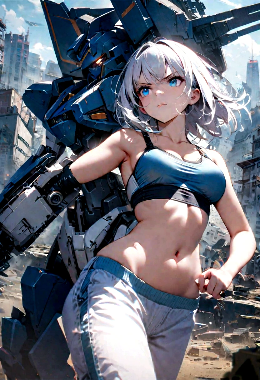 1 girl, white  hair, blue colored eyes, Technological bra, exposed belly, left battle arm, human right arm, Pants, High-tech sneakers, serious pose, scenery with Mecha robot in the background