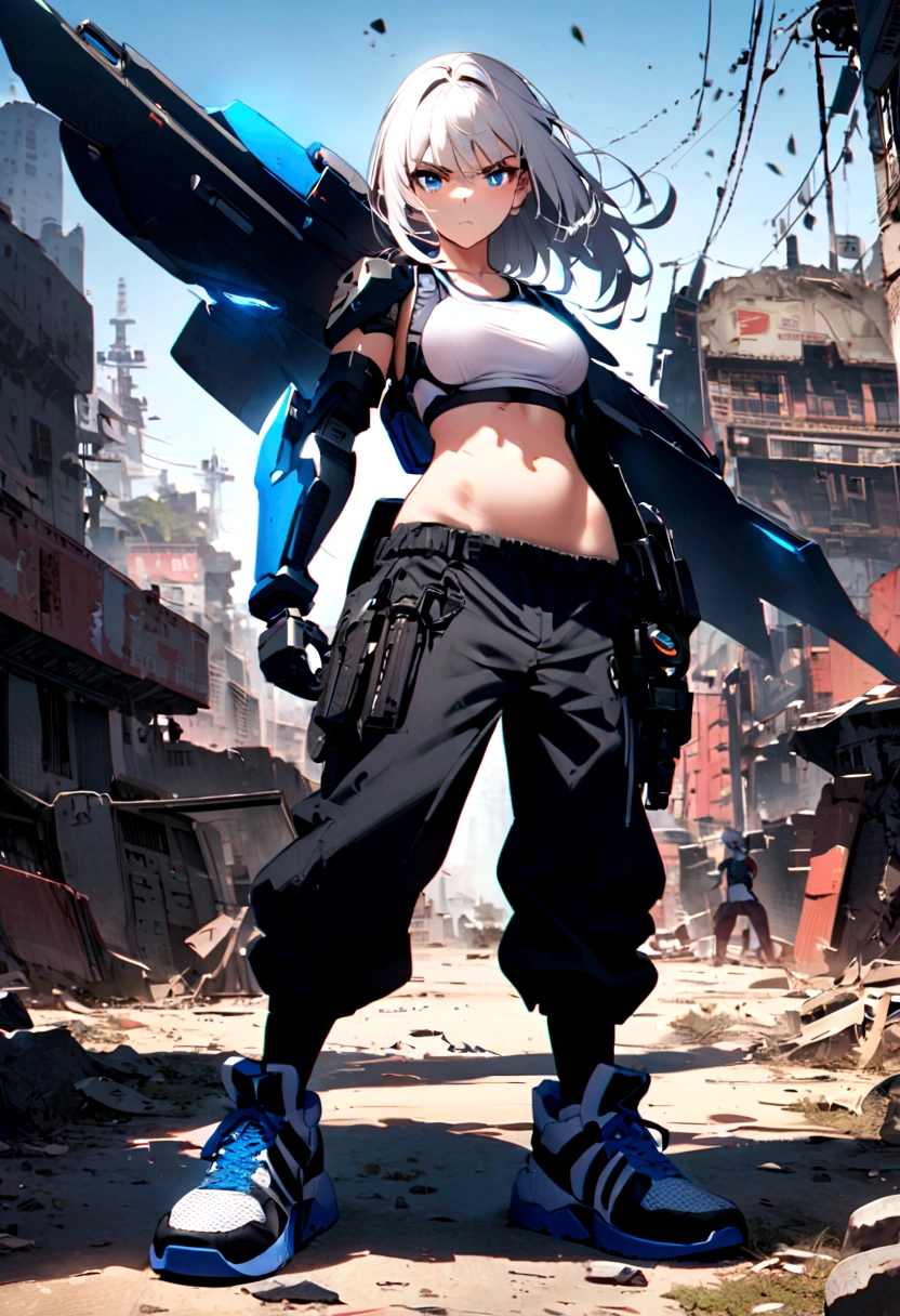 1 girl, white hair, blue colored eyes, Technological bra, exposed belly, left battle arm, human right arm, Pants, High-tech sneakers, serious pose, scenery with Mecha robot in the background