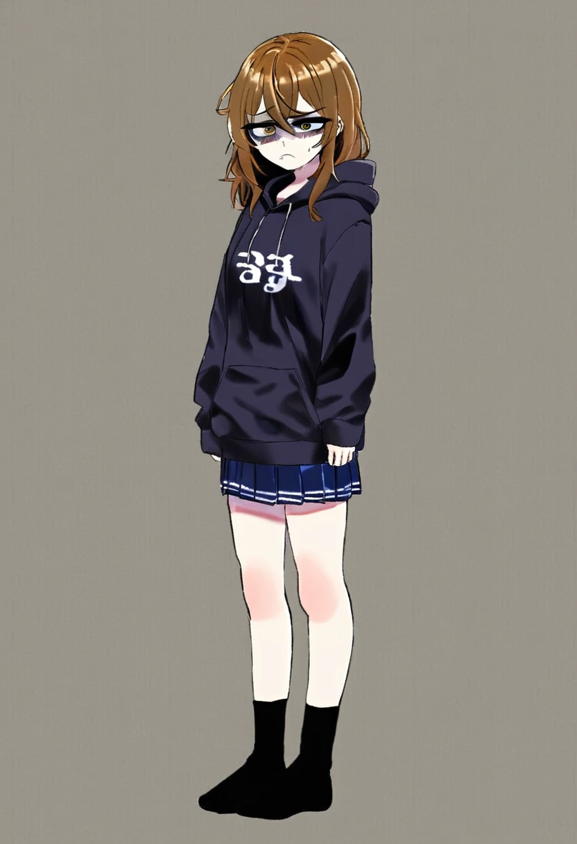 edgy girl with Golden brown hair with bags under her eyes, wearing a dark blue hoodie, blue miniskirt and black high socks. She has a grumpy look and a frown on her face. Full body view