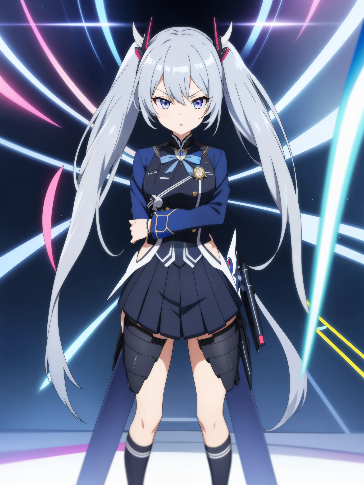 1girl, anime girl, silver hair, long twintails, silver eyes, dark blue school suit, honkai style, cool weapons