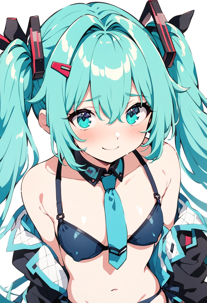 hatsune_miku absurdres ai-assisted commentary highres 1girl aqua_bikini aqua_eyes aqua_hair aqua_necktie aqua_trim arm_at_side arm_behind_back bare_shoulders bikini black_sleeves blush breasts closed_mouth collar_bikini_miku_(meme) cowboy_shot detached_sleeves frilled_shirt_collar frills from_above hair_between_eyes hair_intakes hair_ornament heart horizontal-striped_bikini long_hair long_sleeves looking_at_viewer meme navel necktie see-through see-through_sleeves side-tie_bikini_bottom simple_background sitting small_breasts smile solo striped_bikini striped_clothes swimsuit tie_clip twintails white_background white_bikini nipples wet