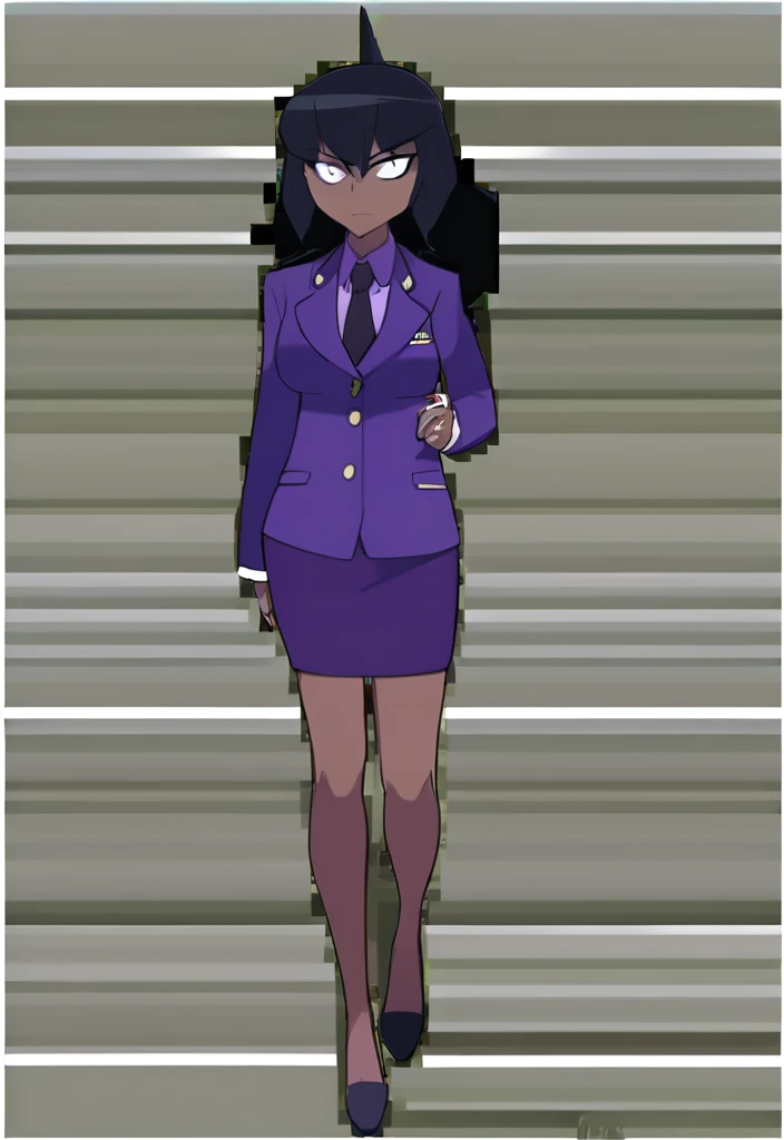 Make a evil military black anime woman in a purple skirt suit witha tie on full body 