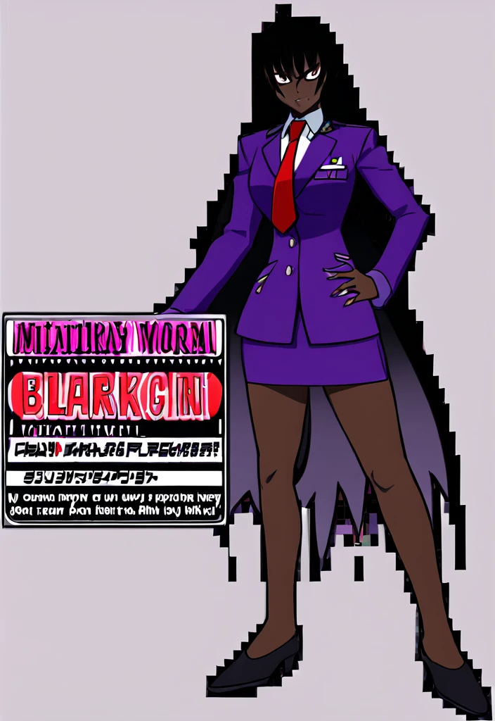 Make a evil military black anime woman in a purple skirt suit witha tie on full body