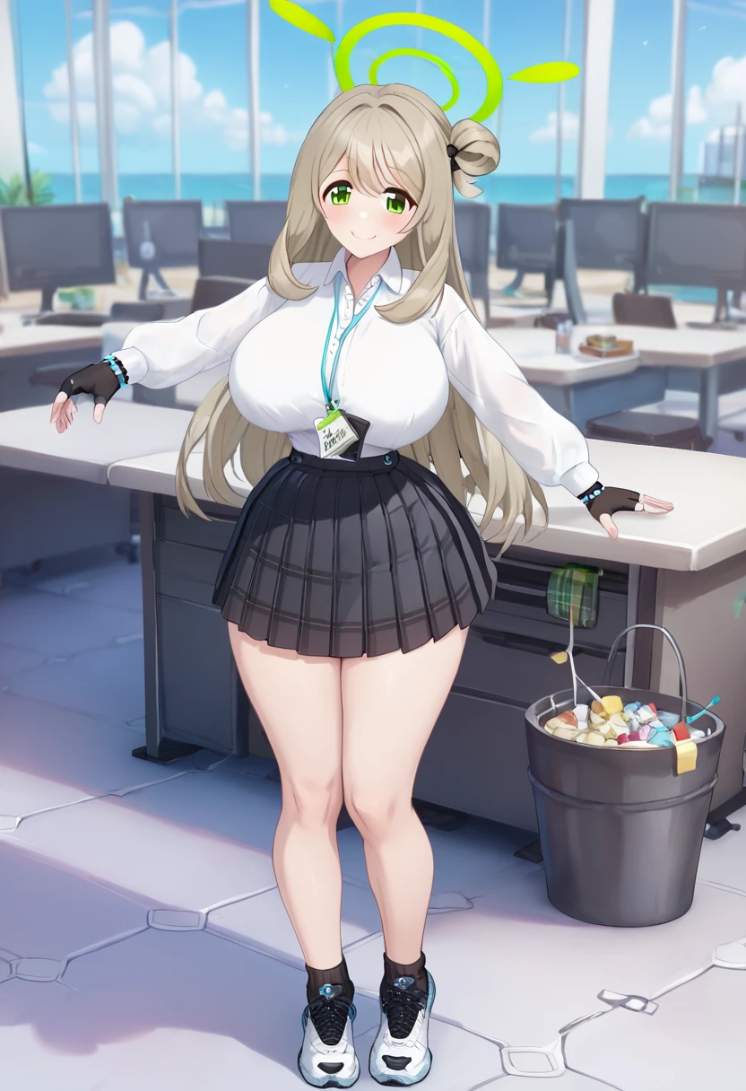 1girl, solo, masterpiece, best quality, detailed, narrow waist, wide hips, huge breasts, huge ass, score_9, score_8_up, score_7_up, nonomi-default, smile, nonomi \(blue archive\), green eyes,brown hair,long hair,single hair ring,halo,(white shirt:1.3),pleated skirt,fingerless gloves,sneakers