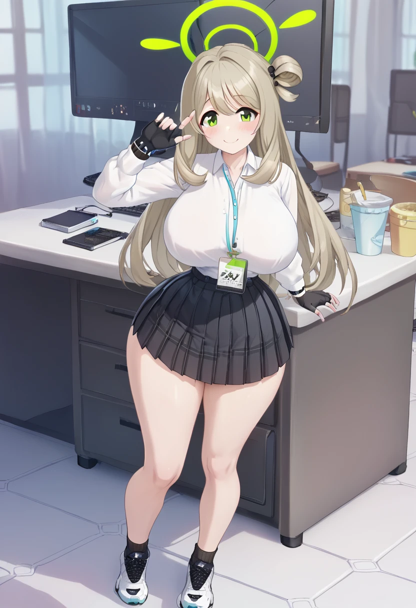 1girl, solo, masterpiece, best quality, detailed, narrow waist, wide hips, huge breasts, huge ass, score_9, score_8_up, score_7_up, nonomi-default, smile, nonomi \(blue archive\), green eyes,brown hair,long hair,single hair ring,halo,(white shirt:1.3),pleated skirt,fingerless gloves,sneakers