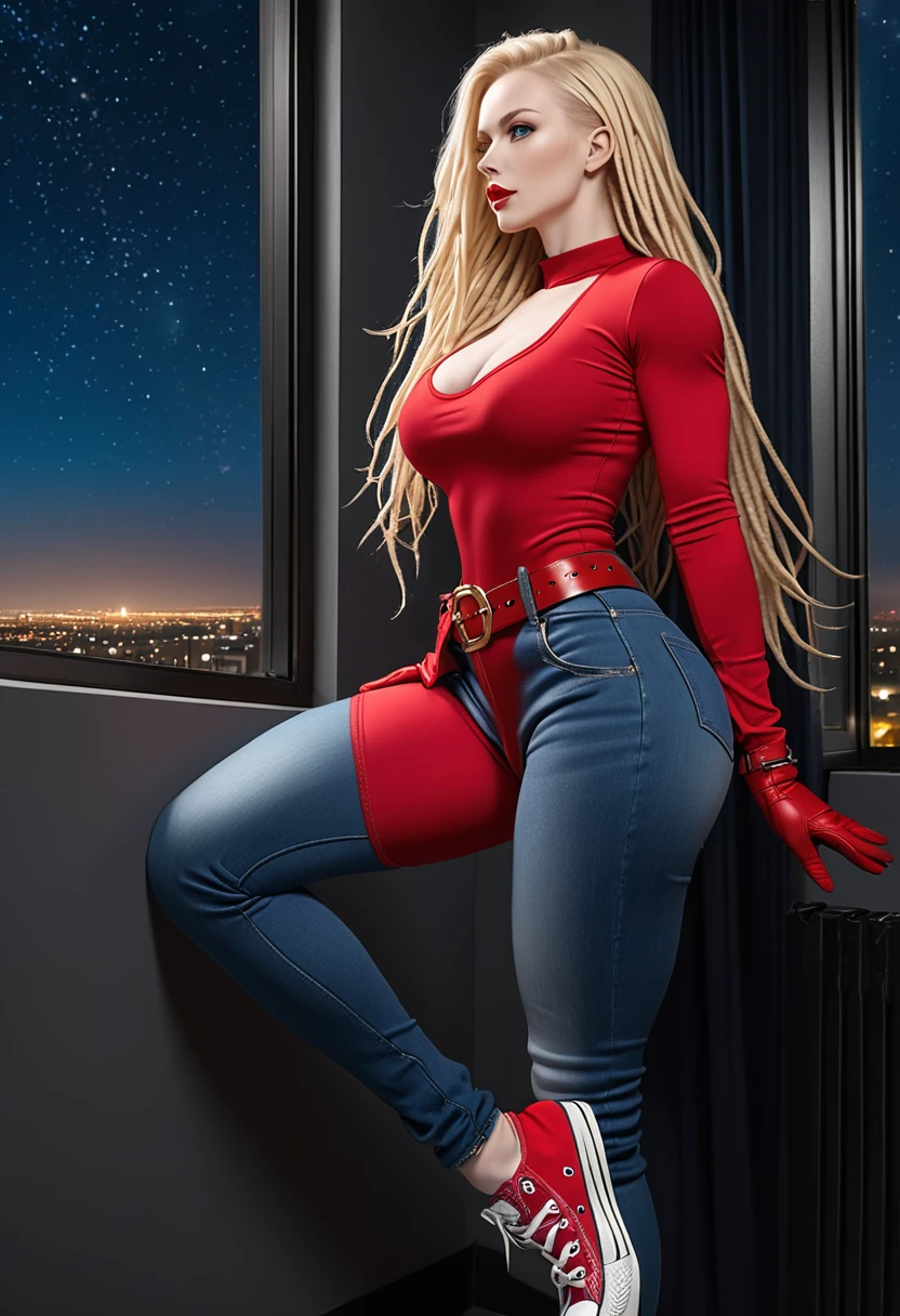 BOMBSHELL BLONDE WOMAN, WARRIOR FEMALE ON BLUE JEANS JUMPSUIT, VERY PALE SKIN, BLUE EYES, HIGH CHEEKBONES, ROSY CHEEKS, MENTAL FORAMEN, HUGE LONG BLONDE HAIR, DREAD HAIRSTYLE, LONG JEANS DREADS ON LONG BLONDE HAIR, THONG LEOTARD, RED LONG SLEEVES SHIRT, JEANS BODYSUIT, NECK BODYSUIT, RED GLOVES, RED BELT, GOLD BUCKLE, RED CONVERSE ALL STAR SHOES, ATHLETIC CURVY BODY, DETAILED QUADRICEPS, THICK THIGHS, MUSCLES, SIDE BODY VIEW, FULL BODY PERSPECTIVE, DARK HALL, HUGE WINDOWS, NIGHT SKY, ACCURATE IMAGE, MASTERPIECE.