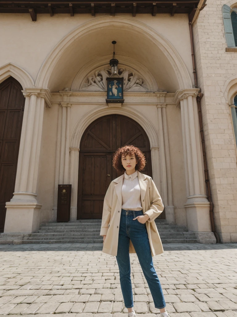 her name is Asako, high quality, 1girl, ((20-year-old fit Caucasian woman)), ((20 years old)), ((slim)), ((Korean Perm)), pose: standing, wearing trendsetting Generation-Z modern wear different colored, BACKGROUND: "At the Upper Town, with historic buildings, cobblestone streets, and St. Mark's Church with its colorful tiled roof."