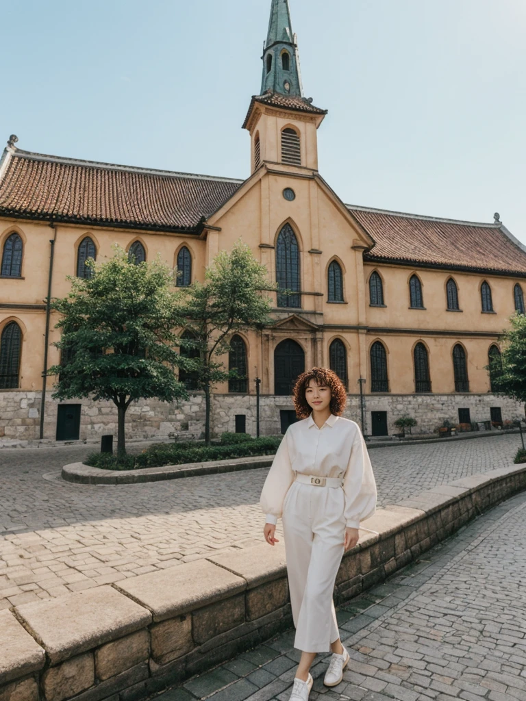 her name is Asako, high quality, 1girl, ((20-year-old fit Caucasian woman)), ((20 years old)), ((slim)), ((Korean Perm)), pose: standing, wearing trendsetting Generation-Z modern wear different colored, BACKGROUND: "At the Upper Town, with historic buildings, cobblestone streets, and St. Mark's Church with its colorful tiled roof."