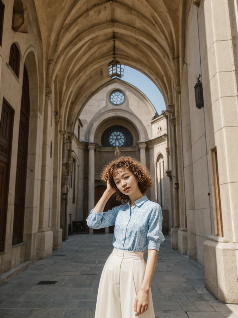 her name is Asako, high quality, 1girl, ((20-year-old fit Caucasian woman)), ((20 years old)), ((slim)), ((Korean Perm)), pose: standing, wearing trendsetting Generation-Z modern wear different colored, BACKGROUND: "At the Upper Town, with historic buildings, cobblestone streets, and St. Mark's Church with its colorful tiled roof."