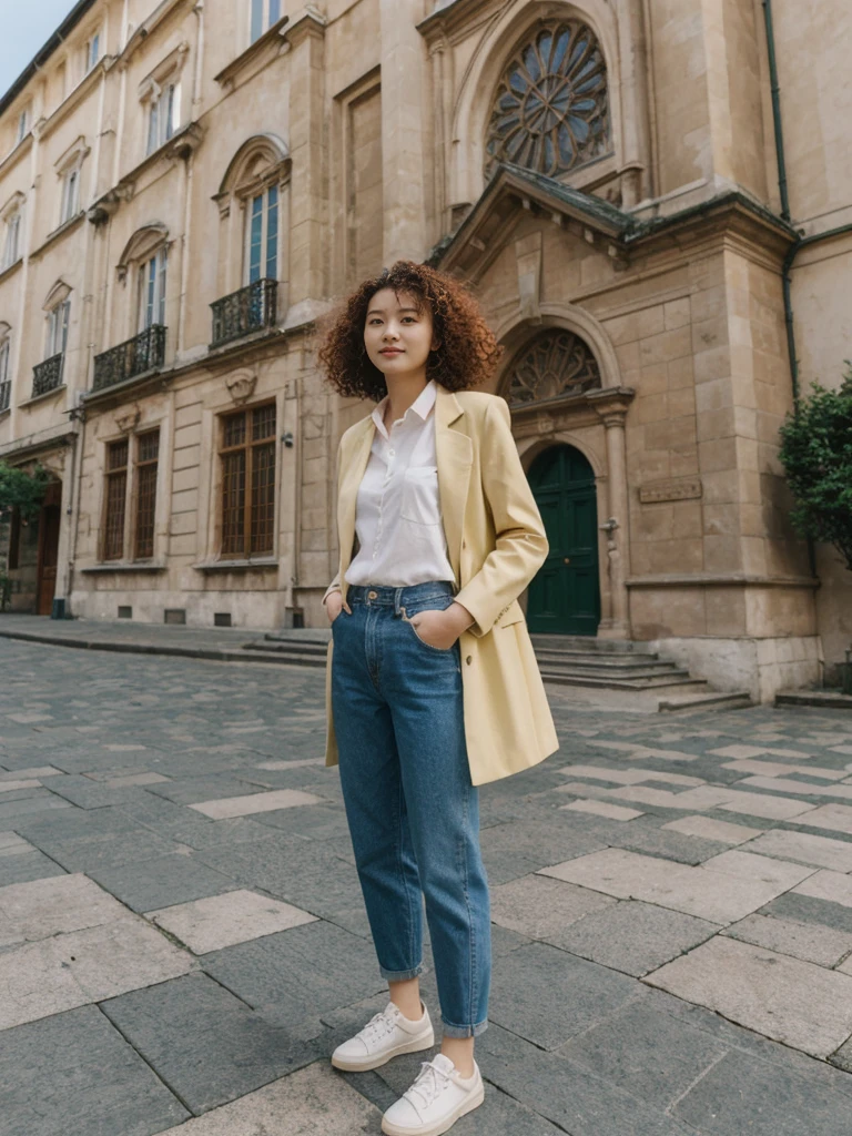 her name is Asako, high quality, 1girl, ((20-year-old fit Caucasian woman)), ((20 years old)), ((slim)), ((Korean Perm)), pose: standing, wearing trendsetting Generation-Z modern wear different colored, BACKGROUND: "At the Upper Town, with historic buildings, cobblestone streets, and St. Mark's Church with its colorful tiled roof."