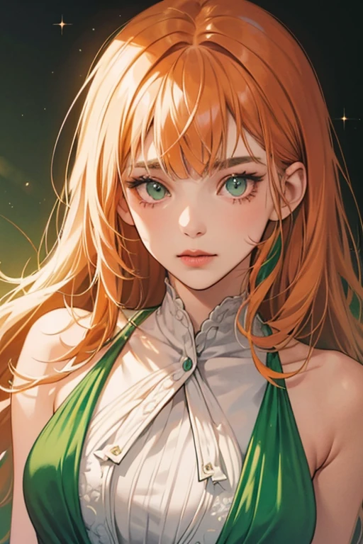 Lila is a slender teenage girl of average height with a light tan. She wears grayish chartreuse green contact lenses, pale vermilion lipstick, and a long, hip-length auburn wig with blunt bangs and two shorter pieces framing her face, which is loosely tied near the ends with orange bands. SPARKLE; GLITTER