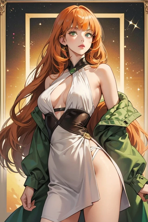 Lila is a slender age girl of average height with a light tan. She wears grayish chartreuse green contact lenses, pale vermilion lipstick, and a long, hip-length auburn wig with blunt bangs and two shorter pieces framing her face, which is loosely tied near the ends with orange bands. SPARKLE; GLITTER