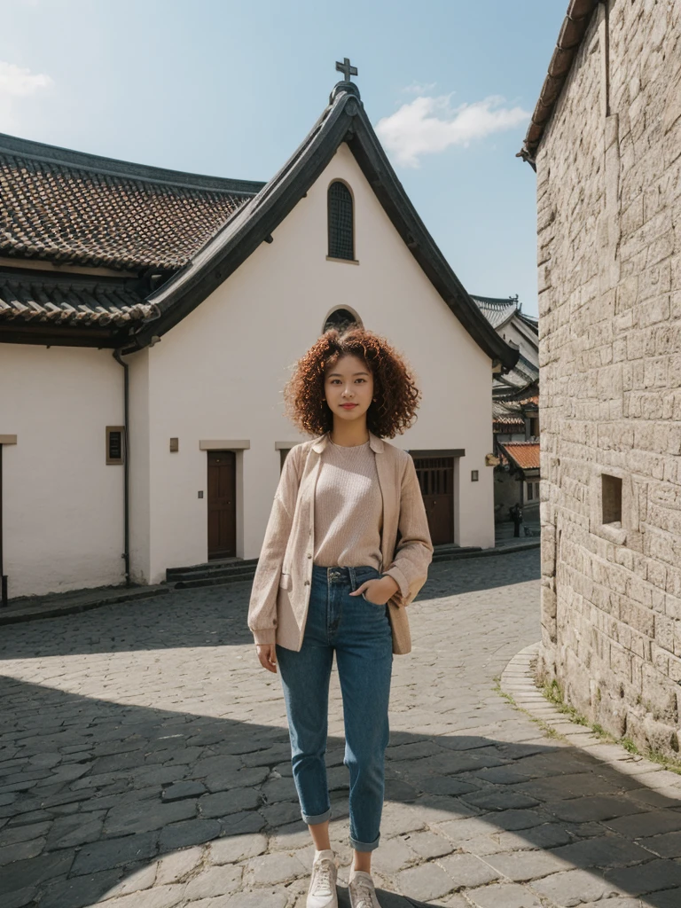 her name is Asako, high quality, 1girl, ((20-year-old fit Caucasian woman)), ((20 years old)), ((slim)), ((Korean Perm)), pose: standing, wearing trendsetting Generation-Z modern wear different colored, BACKGROUND: "At the Upper Town, with historic buildings, cobblestone streets, and St. Mark's Church with its colorful tiled roof."