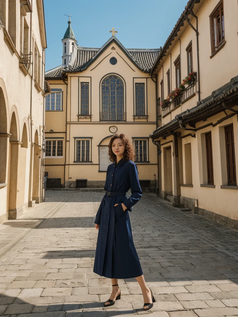 her name is Asako, high quality, 1girl, ((20-year-old fit Caucasian woman)), ((20 years old)), ((slim)), ((Korean Perm)), pose: standing, wearing trendsetting Generation-Z modern wear different colored, BACKGROUND: "At the Upper Town, with historic buildings, cobblestone streets, and St. Mark's Church with its colorful tiled roof."