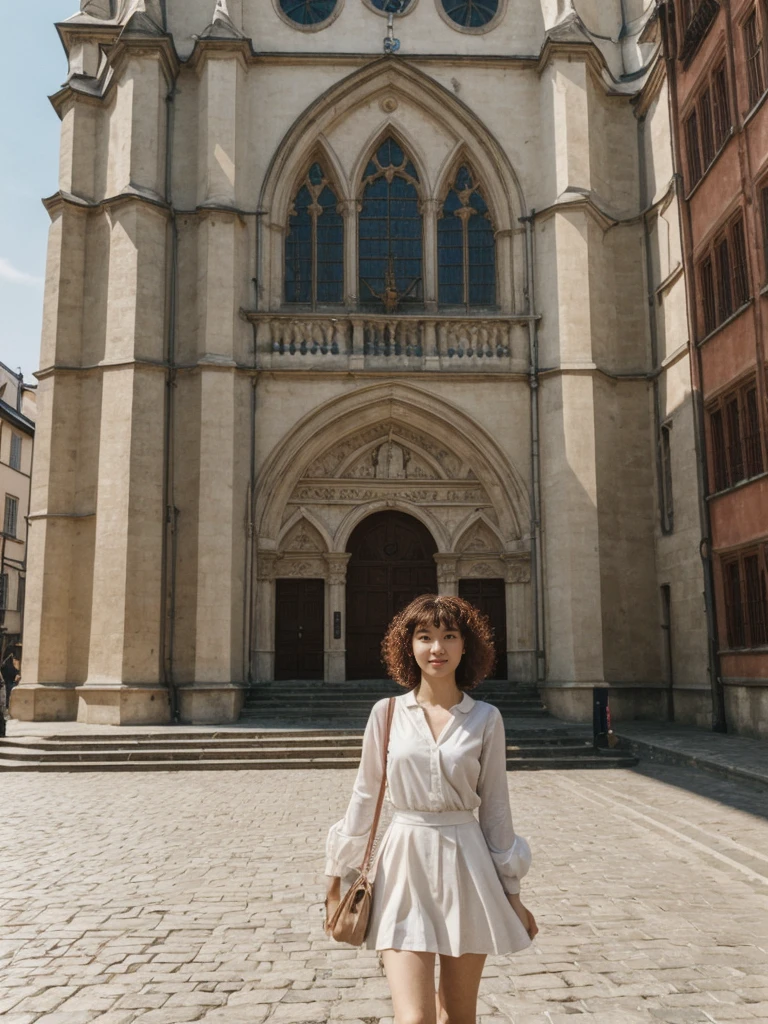 her name is Asako, high quality, 1girl, ((20-year-old fit Caucasian woman)), ((20 years old)), ((slim)), ((Korean Perm)), pose: standing, wearing trendsetting Generation-Z modern wear different colored, BACKGROUND: "At the Upper Town, with historic buildings, cobblestone streets, and St. Mark's Church with its colorful tiled roof."