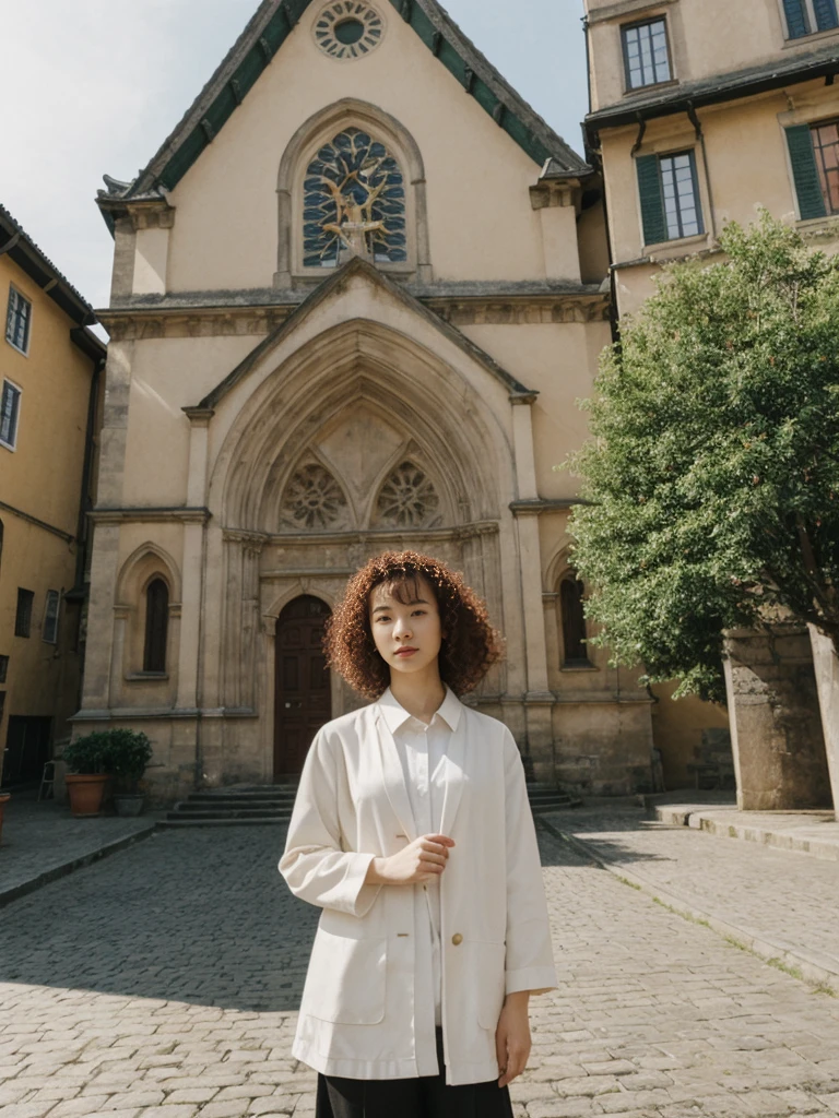 her name is Asako, high quality, 1girl, ((20-year-old fit Caucasian woman)), ((20 years old)), ((slim)), ((Korean Perm)), pose: standing, wearing trendsetting Generation-Z modern wear different colored, BACKGROUND: "At the Upper Town, with historic buildings, cobblestone streets, and St. Mark's Church with its colorful tiled roof."