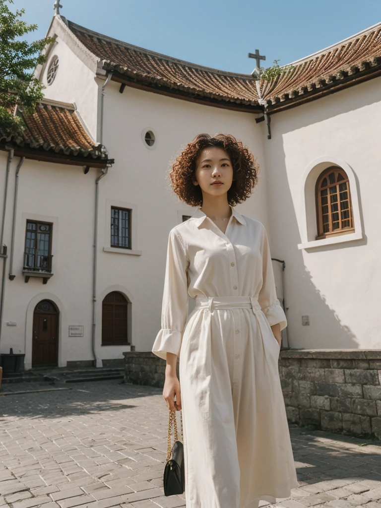 her name is Asako, high quality, 1girl, ((20-year-old fit Caucasian woman)), ((20 years old)), ((slim)), ((Korean Perm)), pose: standing, wearing trendsetting Generation-Z modern wear different colored, BACKGROUND: "At the Upper Town, with historic buildings, cobblestone streets, and St. Mark's Church with its colorful tiled roof."